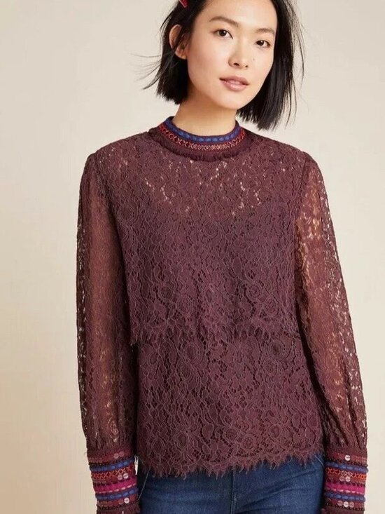 Bl^Nk London Tops - Bl^nk London Anthropologie Purple Lace Beaded Cuff Top XS Boho India